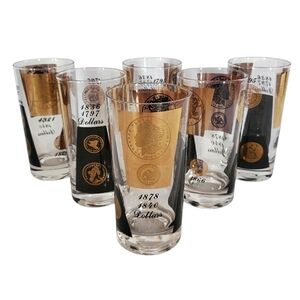 Vintage MCM Cera 22K Gold Coin Highball Glasses Barware Set of 6